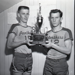 512-MHS Boys receive runner-up trophy. Ralph Lee & Wesley Nelson. March 6, 1959