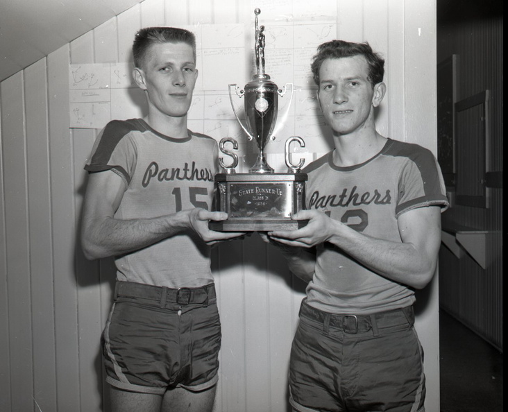 MHS Boys receive runner-up trophy. Ralph Lee & Wesley Nelson. March 6, 1959