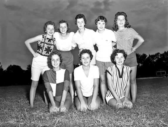 656 – LHS Cheerleaders working out for new season. August 31 1959