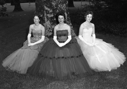 325- Johnston High School Beauties. Jenny Crouch, Miss Black & Gold; Runners-Up Betsy Boatwright & Gayle Herlong. April 26, 1958
