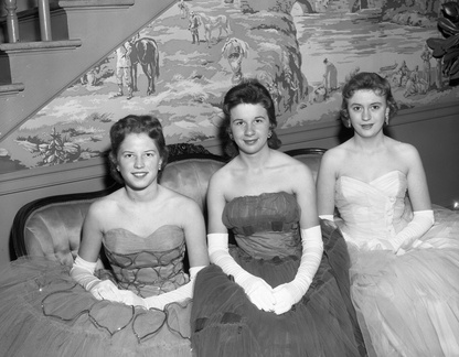 325- Johnston High School Beauties. Jenny Crouch, Miss Black & Gold; Runners-Up Betsy Boatwright & Gayle Herlong. April 26, 1958